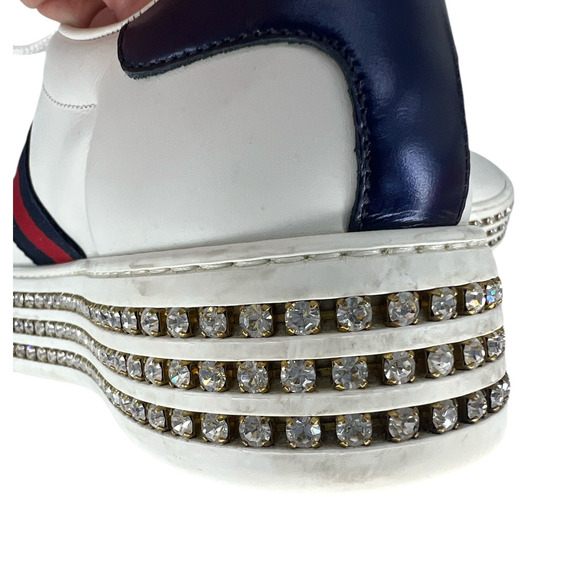 Gucci Ace Web Platform Crystal Embellished Leather Sneakers - Picture 11 of 16